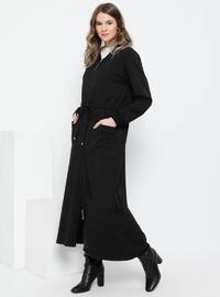 Siyah - Astarsız kumaş - Yuvarlak yakalı - Pamuk - Büyük palto