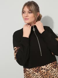 Black - Brown - Leopard - Polo neck - Cotton - Plus Size Tunic