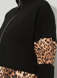 Black - Brown - Leopard - Polo neck - Cotton - Plus Size Tunic