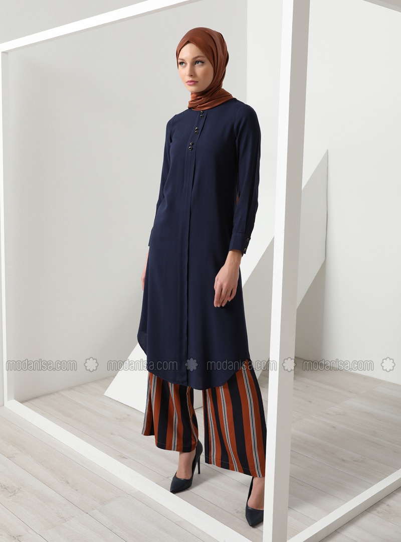 Button Detailed Viscose Tunic Navy Blue