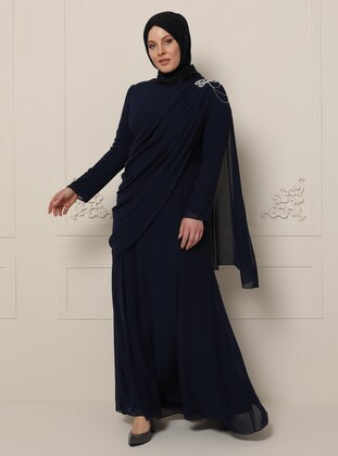 Navy Blue - Unlined - Crew neck - Muslim Plus Size Evening Dress - Sevdem Abiye