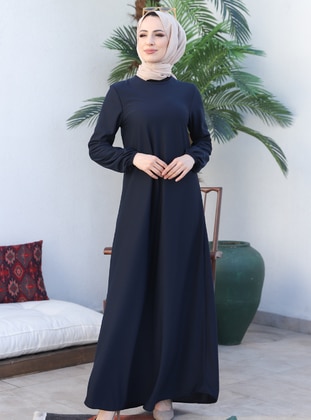Modest Dress With Elastic Sleeves Navy Blue