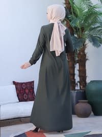Basic Modest Dress With Elastic Sleeves Khaki