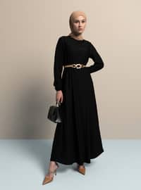 Basic Modest Dress With Elastic Sleeves Black
