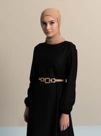 Basic Modest Dress With Elastic Sleeves Black