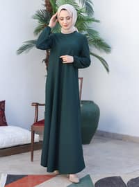 Basic Modest Dress With Elastic Sleeves Emerald