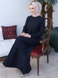 Modest Dress With Elastic Sleeves Navy Blue