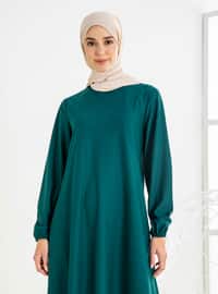 Basic Modest Dress With Elastic Sleeves Emerald