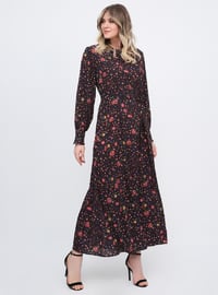 Siyah - Çiçekli - Astarsız kumaş - Yuvarlak yakalı - Büyük beden elbise