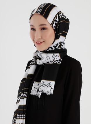 Black - White - Multi - Printed - Shawl - Şalevi