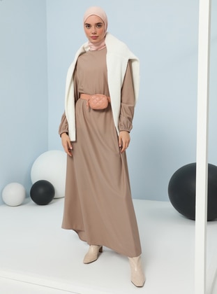 Mink Modest Dress With Elastic Sleeves