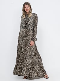 Kahverengi - Leopar - Astarsız kumaş - Yuvarlak yakalı - Viskon - Büyük beden elbise