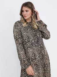 Kahverengi - Leopar - Astarsız kumaş - Yuvarlak yakalı - Viskon - Büyük beden elbise