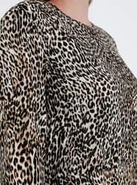 Brown - Leopard - Unlined - Crew neck - Viscose - Plus Size Dress
