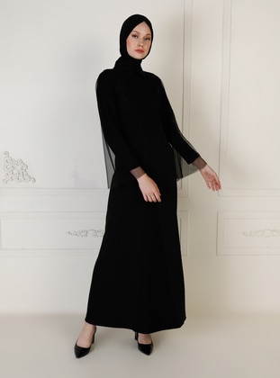 Black - Unlined - Point Collar - Muslim Evening Dress - Şanlı
