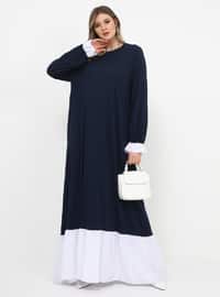 Lacivert - Astarsız kumaş - Yuvarlak yakalı - Pamuk - Büyük Beden elbise