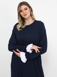 Lacivert - Astarsız kumaş - Yuvarlak yakalı - Pamuk - Büyük Beden elbise