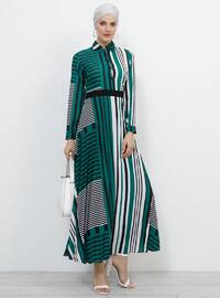 Green - Black - Stripe - Point Collar - Fully Lined - Dress