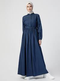 Mavi yakalı - Fransız yaka - Astarsız kumaş - Pamuk - Kot - Elbise