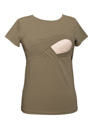 Khaki - Cotton - Crew neck - Maternity Blouses Shirts - Luvmabelly