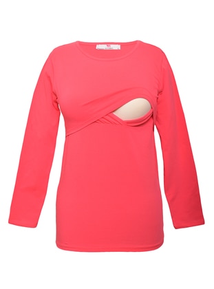 Pink - Cotton - Crew neck - Maternity Blouses Shirts - Luvmabelly