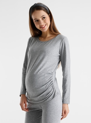 Gray -  - Crew neck - Maternity Blouses Shirts - Luvmabelly
