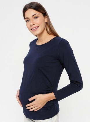 Navy Blue - Crew neck - Maternity Blouses Shirts - Luvmabelly