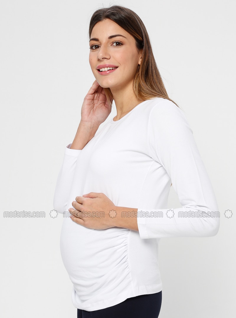 White - Crew neck - Maternity Blouses Shirts