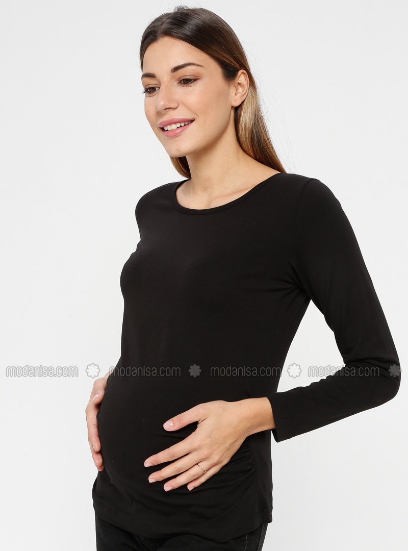 Black - Crew neck - Maternity Blouses Shirts
