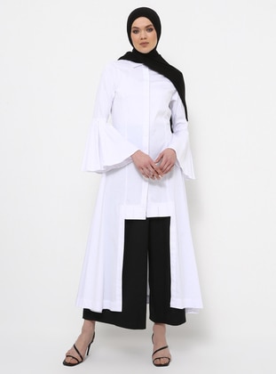 White - Button Collar - Unlined - Cotton - Dress - Rabia Z X Modanisa