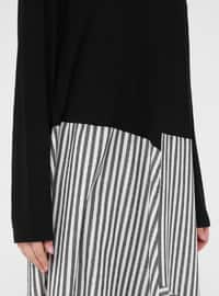 Black - White - Stripe - Unlined - Crew neck - Viscose - Plus Size Dress