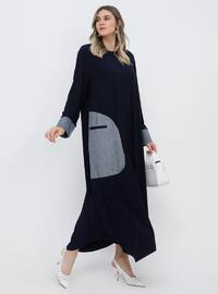 Lacivert - Astarsız kumaş - Yuvarlak yakalı - Büyük beden elbise