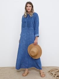 Mavi - İndigo - Astarsız kumaş - Yuvarlak yakalı - Pamuk - Büyük Beden elbise