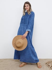 Mavi - İndigo - Astarsız kumaş - Yuvarlak yakalı - Pamuk - Büyük Beden elbise
