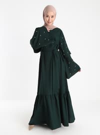 Pearl Flounced Detailed Evening Dress - Emerald Green