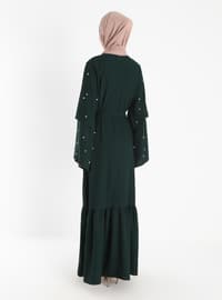 Pearl Flounced Detailed Evening Dress - Emerald Green