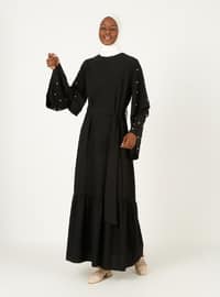 Pearl Flounced Detailed Dress - Black