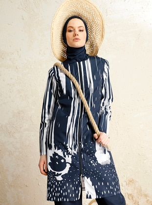 Water Droplet Floral Burkini Full Covered Swimsuit Navy Blue