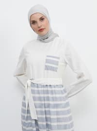 Blue - White - Stripe - Crew neck - Fully Lined - Cotton - Dress