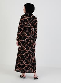 Chain Patterned Belt Detailed Modest Dress Black