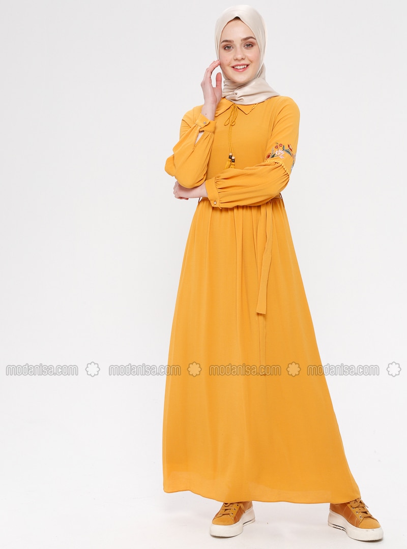 Mustard - Point Collar - Fully Lined - Cotton - Dress