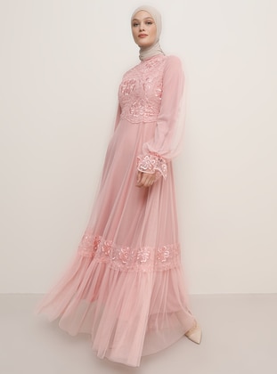 Pink - Fully Lined - Crew neck -  - Muslim Evening Dress - Refka