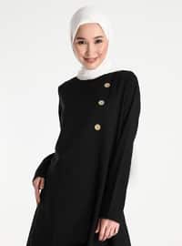 Button Detailed Comfortable Tunic Pants Co-Ord Black