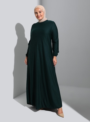 الأخضر الزمردي - نسيج غير مبطن - قبة مدورة - فستان مقاس كبير  - Ecesun