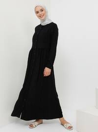 Siyah - Düğmeli yaka - Astarsız kumaş - Viskon - Elbise