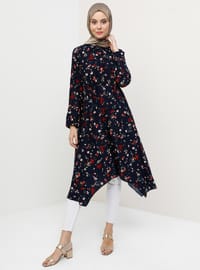 Navy Blue - Floral - Point Collar - Tunic