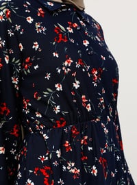 Navy Blue - Floral - Point Collar - Tunic