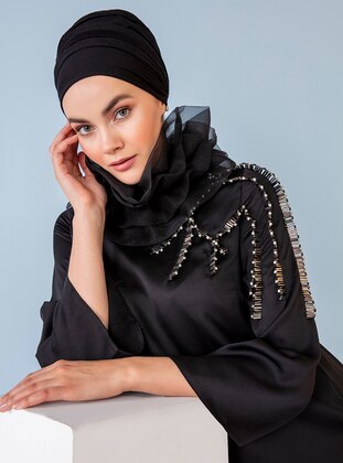 Taş İşlemeli Dökümlü Elbise - Siyah - Nihan Peker X Modanisa