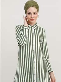 Natural Fabric Striped Tunic - Khaki Ecru
