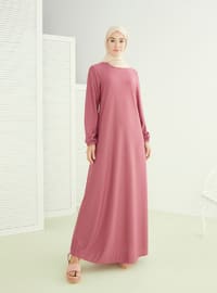 Basic Elastic Sleeved Modest Dress Rose